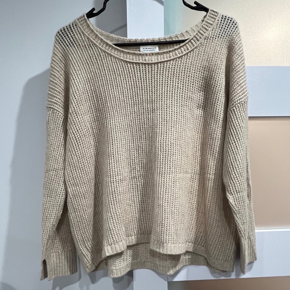 Club Monaco Italian‎ Cashmere Open Knit Sweater Beige M Medium Loose Fit